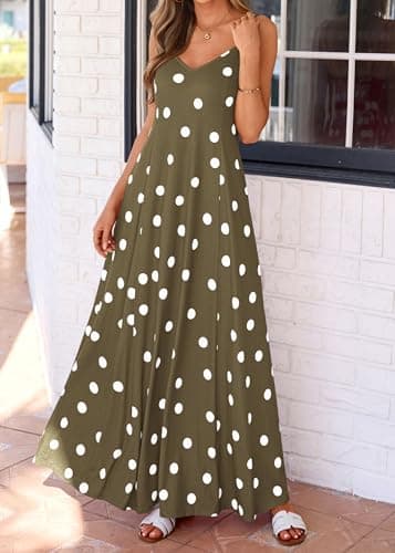 KIRUNDO Polka Dot Dress for Women Summer 2026 Sleeveless Spaghetti Strap Beach Vacation Cruise Boho Long Flowy Maxi Dresses(Army Green, Small) - Thumbnail 4