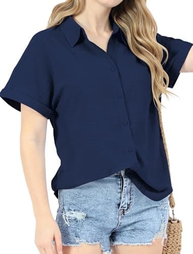 JEKAOYI Womens Button Down Shirts Cotton Casual Summer Short Sleeve Blouses V Neck Tops for Beach Travel Navy - Image 1