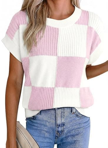EVALESS Summer Tops for Women Short Sleeve Crewneck Color Block Knit Sweater Vest 2026 Spring Trendy Going Out Casual Cute Teacher Outfits Fall Vacation Clothing Pink Large - Image 1