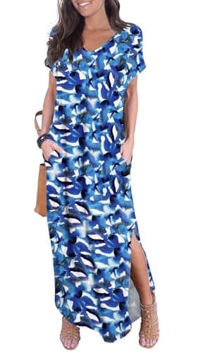 GRECERELLE Women's Summer Maxi Dress Casual Loose V Neck Short Sleeve Side Split Floral Long Dresses with Functional Pockets - Image 1