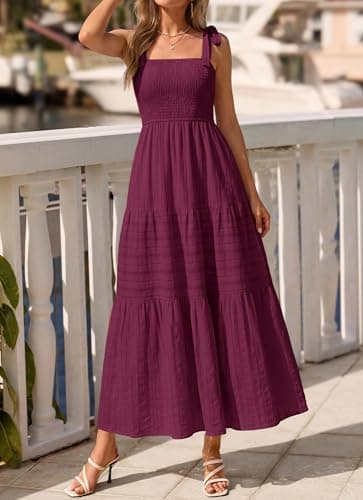 BTFBM Women's 2026 Spring Boho Spaghetti Strap Dress Casual Sleeveless Smocked A Line Beach Sundress Long Maxi Dresses(Burgundy, Small) - Thumbnail 5