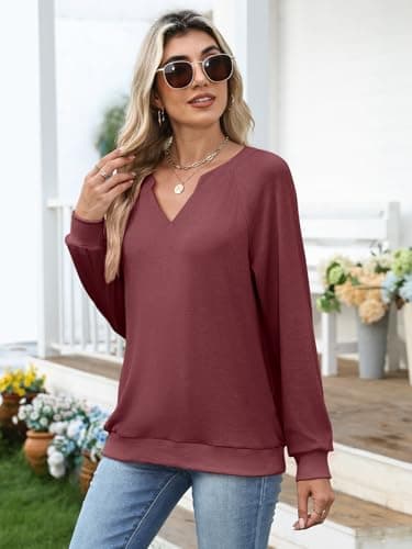 GKBK Womens Sweatshirts Long Sleeve V Neck Tops Fall Winter Basic Casual Lightweight Pullover Shirt Wine - Thumbnail 3
