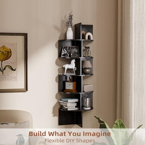 HAAYOT Corner Shelf Wall Mounted: 5-Tier Floating Shelves with Lights for Living Room, Bedroom, Home Office, Black - Thumbnail 4