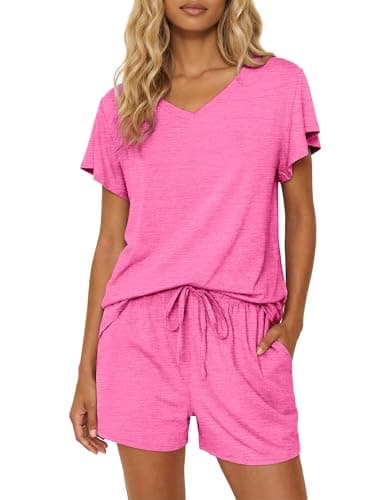 Ekouaer Pajamas Set Women Casual Ruffle Sleeves Soft Comfy Loungewear Set with Pockets,Medium,Rose Pink - Image 1
