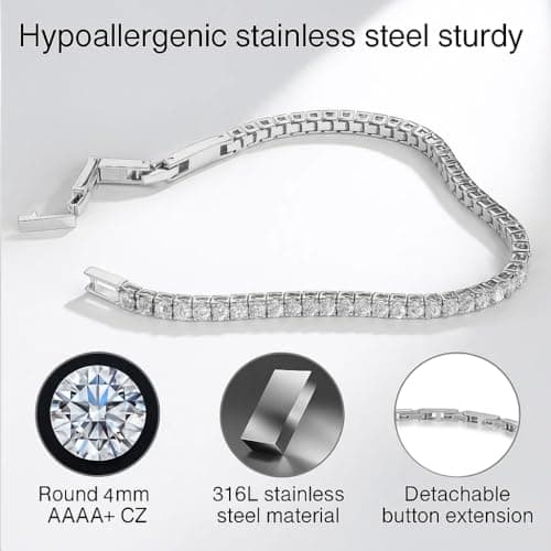 Tennis Bracelet for Women Men, 14K Gold Plated Round 4mm AAAA+ Cubic Zirconia CZ Dainty Classic Adjustable Stainless Steel Bracelets Festival Wedding Jewelry Gift (Steel, CZ 4mm) - Thumbnail 4