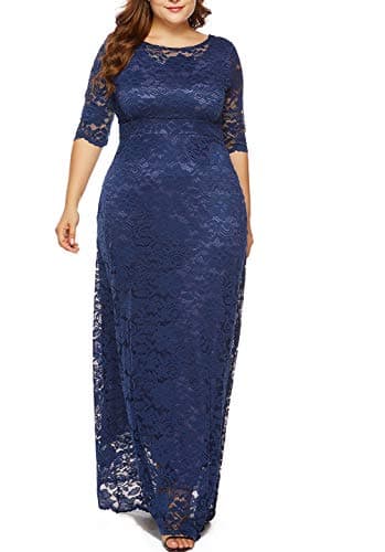 Eternatastic Womens Floral Lace 2/3 Sleeves Maxi Dress Evening Party Long Dress 5XL Deep Blue - Thumbnail 6