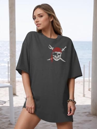 Pirate Shirt Women Vintage Graphic Oversized Skeleton Shirt Funny Casual Skull Short Sleeve Top - Thumbnail 2