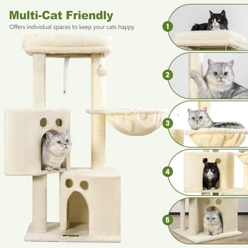 Small Cat Tree Tower for Indoor Cats, 40 in Compact Adults Cat Beds Trees with 2 Condos, Sisal Scratching Post, Large Perch Platform, Multi-Level Kitty Kitten Climbing Stands House(Beige) - Thumbnail 5