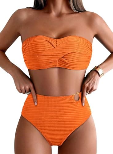 Pink Queen Women's Strapless Bandeau Bikini Set Twist Front Swimsuit Top with Full Coverage Bathing Suit Bottom Carrot M - Image 1