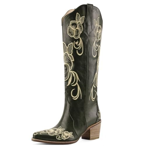 VOZTOLLS Knee High Cowboy Boots for Women Pointed Toe Chunky Block Heel Pull-on Floral Embroidered Boots Western Boots Wide Calf Cowgirl Tall Boots Green Size 10 - Image 1