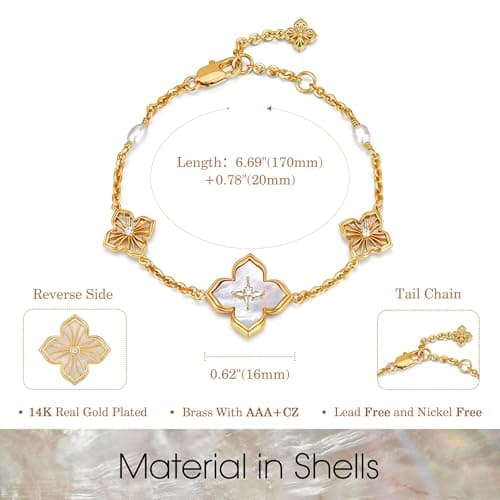FETERO Gold Bracelets for Women Trendy, Dainty 14K Gold Plated Charm Clover Bracelet 2 Sided MOP Lucky Pendant Cute Pearl Beaded Bracelets Link Chain Waterproof Womens Jewelry Gifts - Thumbnail 6