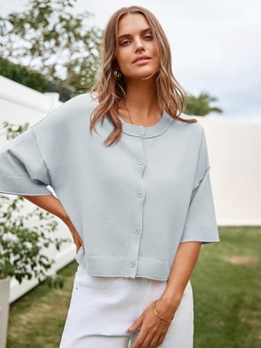Cicy Bell Womens Half Sleeve Cardigan Sweaters Cropped Button Down Tops Oversized Lightweight Ribbed Knit Summer Outfits Grey Blue - Thumbnail 5