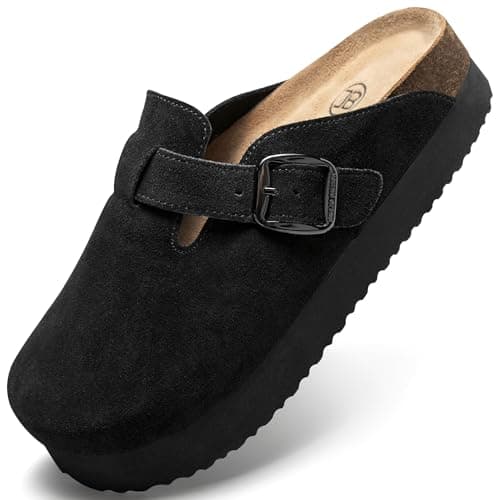 Brelzo Calvior Platform Clogs for Women Arch Support Suede Clogs Soft Mules Potato Shoes Casual Slipper Sandals with Adjustable Buckle, Non-Slip Black - Image 1