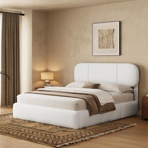 Uteeran Full Size Bed Frame with Storage, Boucle Cloud Bed with 4 Locking Drawers & LED Lights, Modern Upholstered Platform Bed, Plush Sides & Footboard, Adjustable Headboard, No Box Spring, White - Image 1