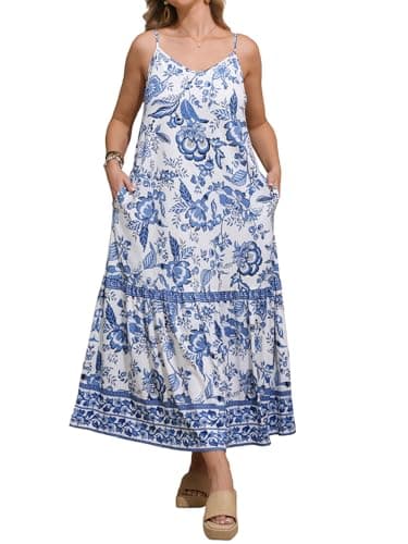 YUNDAI Womens Spaghetti Strap Maxi Dress with Pocket Casual Printed Long Dress with Ruffle Hem Deepblue - Image 1