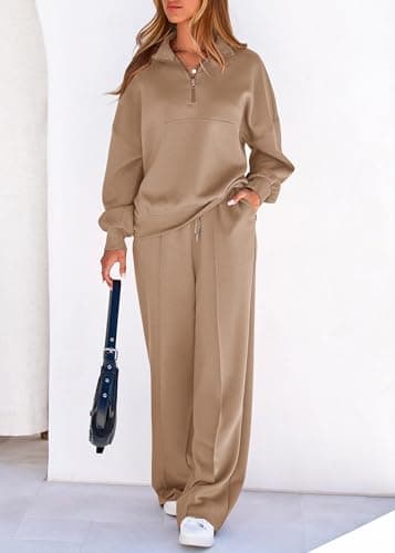 Lazysmile 2 Piece Sets For Women Lapel Half Zip Sweatshirt and Wide Leg Long Pants Sweatsuit Lounge Sets Workout Sets - Thumbnail 6