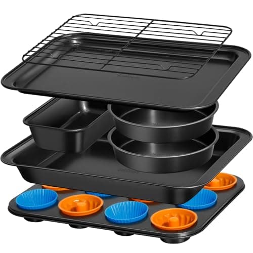Ymiton Nonstick Baking Pans Set, 19 PCS Stackable Bakeware Sets, Oven Pan Set Includes Baking Tray, Cookie Sheet, Cake Pans, Loaf Pan, Muffin Pan, Silicone Cups