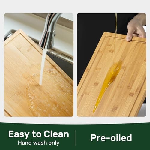 Kikcoin 17”×11” Bamboo Cutting Boards for Kitchen, Healthy Wooden Cutting Boards for Kitchen, Charcuterie, Vegetables, Cheese, Extra Large Chopping Boards with Deep Juice Groove and Handle, Natural - Thumbnail 6