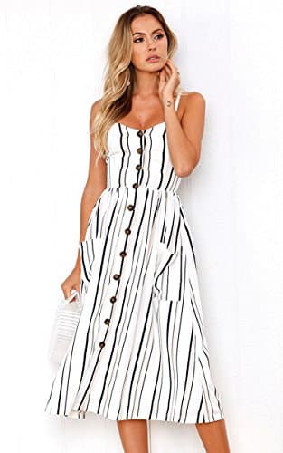 Angashion Women's Dresses-Summer Floral Bohemian Spaghetti Strap Button Down Swing Midi Dress White Striped M - Thumbnail 4