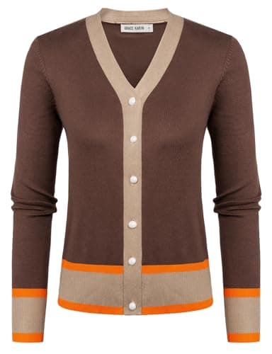 GRACE KARIN Button Down Cardigan for Women Long Sleeve V Neck Short Cardigan Sweater Casual Cardigan Sweater Fall Fashion Clothes Contrast Brown,S - Image 1