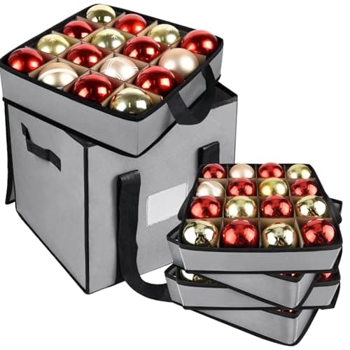 Christmas Ornament Storage Box with Dividers, Christmas Balls Storage Containers with Zipper & 4 Removable Trays - Holds Up to 64 Balls - 600D Oxford Christmas Decoration Storage Organizer (Gray)