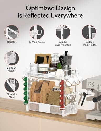 Coffee Mug Holder Bar Organizer - 2 Tier Coffee Cup Holder for Countertop, Multifunction Coffee Station Organizer with 12 Hooks, 2 Coffee Pod Holder, 2 Coffee Spoon Holder, for Kitchen, Office - Thumbnail 3