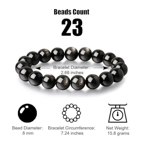PNNY AMDA Natural Gemstone Bracelets: Handmade Unisex Silver Obsidian 8MM Beaded Stretch Bracelet - Energy Protection and Confidence SL-BS-YYS8MM - Thumbnail 2