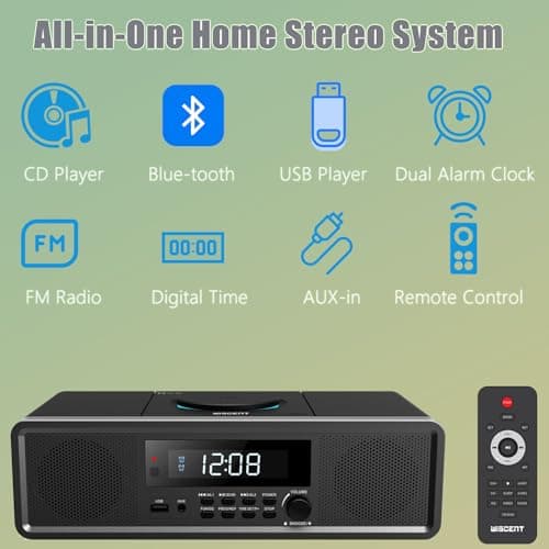 WISCENT Home Stereo System CD Player Boombox,Clear 20W RMS Sound System with FM Radio,Bluetooth,USB,MP3,AUX,Digital Dual Alarm Clock CD Players for Home - Thumbnail 2