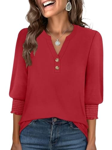 ANRABESS Women's 3/4 Sleeve Henley Blouse, Soft V Neck Top for Dressy Casual, Work & Business Office Wear Red Medium - Image 1