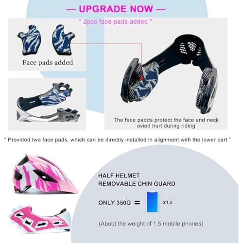 Natuway Toddler and Kids Full Face Helmet, Girl and Boy BMX Multi-Sport Detachable Mountain Dirty Bike Helmet (White and Pink) - Thumbnail 5