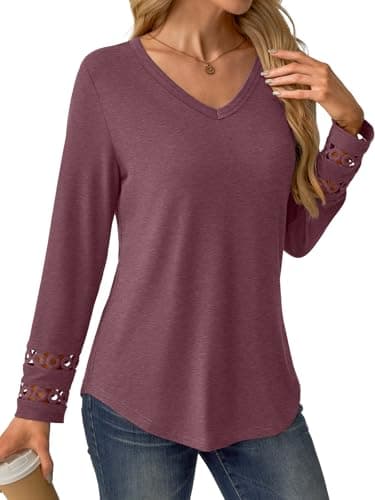 GKBK Women’s Long Sleeve V Neck Tunic Top Casual Dressy Blouse Business Loose Fit Trendy 2025 Fall Outfits Wine Red XL - Thumbnail 3