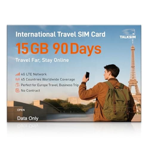 International Data SIM Card 15GB 90 Days, 4G LTE Travel SIM Card Support 45 Countries USA/UK/Europe/Asia/Africa, Prepaid Data Only Travel SIM for Unlocked Phones, Tablets, WiFi Hotspots, No Contract