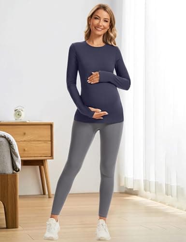 MathCat Maternity Long Sleeve Shirt with Thumbleholes,Pregnancy Casual Tops Athletic Yoga Maternity Shirts - Thumbnail 3
