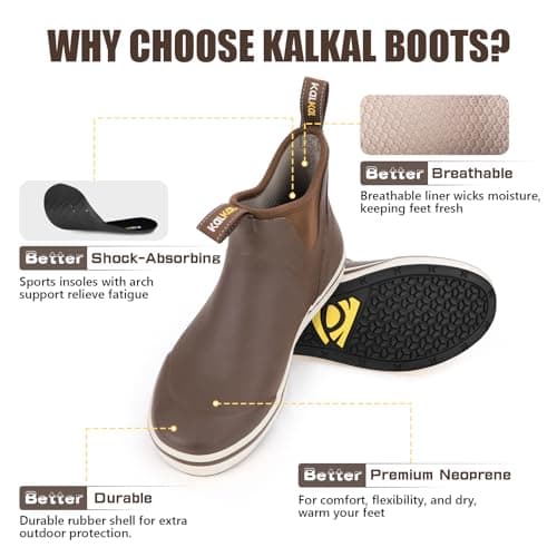 Kalkal Men's Deck Boots Anti-Slip Saltwater Fishing Rain Boots with Memory Foam, Waterproof Rubber Ankle Work Boots for Sailing (Dark Brown, Size8) - Thumbnail 5