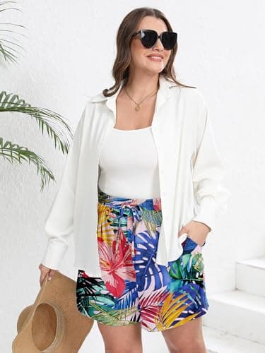 AusLook Plus Size Women's Casual Wide Leg Shorts 3X Tropic Affair Lightweight High Waisted Adjustable Tie Knot Loose Summer Baggy Short Pants with Pockets - Thumbnail 5