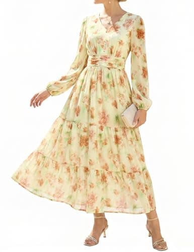 GRACE KARIN Women's Floral Long Sleeve Dresses,Elegance Wedding Guest Dresses,Maxi Dress Rice with Orange Flowers XXL - Image 1
