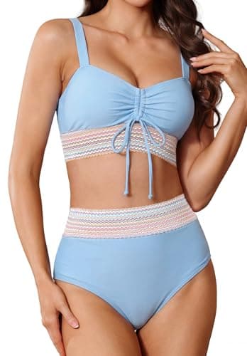 Pleneal Womens High Waisted Bikini Sets Two Piece Drawstring Swimsuits Color Block Tummy Control Bathing Suit - Image 1