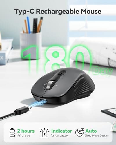 TECKNET Rechargeable Bluetooth Mouse, [ USB + BT5.0 + BT3.0 ] Wireless Mouse, Ergonomic 4-Way Scroll Wheel Computer Mice, 6-Level 4800 DPI Silent Mice, Multi-Device for Computer/Laptop/MacBook - Grey - Thumbnail 4