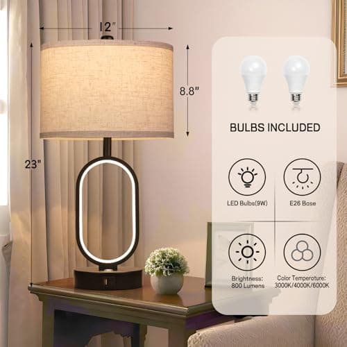 NITOWOLF 23" Bedside Lamps Set of 2, Farmhouse 3-Way Dimmable Touch Lamps for Nightstand, Built-in Night Light Bedside Table Lamp with USB A+C Ports, Black Table Lamp, LED Bulbs Included - Thumbnail 5
