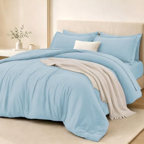 FUANNA Queen Comforter Set Light Blue, 7 Pieces Soft Bedding Sets Queen Size, All Season Lightweight Bed in a Bag with Comforter, Flat Sheet, Fitted Sheet, Pillowcases & Shams - Image 1