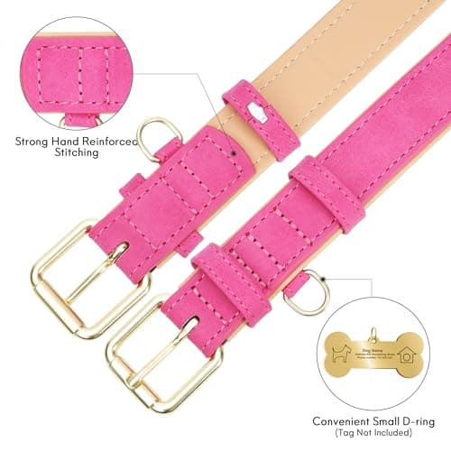Jumpress Leather Dog Collar for Small Medium Large Dogs, Soft Padded Dog Leather Collar with Heavy Duty Gold Buckle, Durable & Comfortable for Puppy Dogs Daily Walking (Hot Pink, XS) - Thumbnail 5