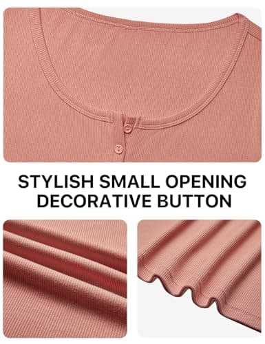 Womens Short Sleeve Shirts Stretchy Henley T Shirts Summer Tops 2026 Scoop Neck Casual Ribbed Knit Fitted Casual Basic Top T-Shirts Coral L - Thumbnail 6