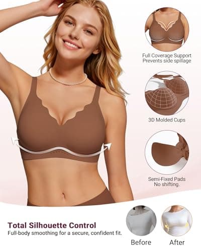 As Fairy Wireless Bras for Women No Underwire Full Coverage Jelly Lift Strong Support Push Up Scalloped Everyday Tshirt Bra Seamless Soft Daily Wear Breathable Air Hole Design(Brown 42DD) - Thumbnail 3