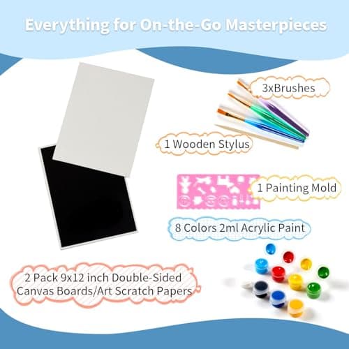 Double-Sided Canvas Boards, 2-Pack 9x12 Inch Scratch Art & Painting Set with 8 Acrylic Paints, 3 Brushes, Wooden Stylus & Stencil, Creative Art Kit for DIY Projects & Crafting Fun - Thumbnail 5