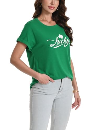 Women's St. Patrick's Day Shirt Irish Clover Funny Holiday Lucky Graphic Tee Tops (US, Alpha, Large, Regular, Regular, Green) - Thumbnail 4
