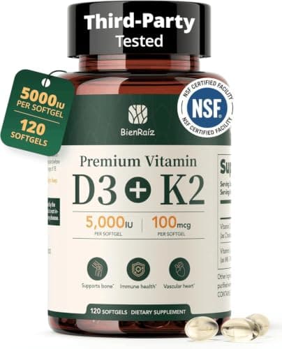 BienRaíz Vitamin D3 K2 5000IU 100mcg MK-7, 120 Softgels, Gluten Free, 2-in-1 K2 D3 Vitamin Supplement for Bone & Heart Health, Immune Support, Energy & Better Calcium Absorption, 4-Month Supply