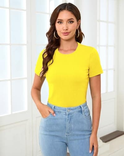 Abardsion Cotton Basic Tees for Women Spring Outfits Tops 2026 Short Sleeve Crewneck Slim Fit T Shirts (Butter Yellow, L) - Thumbnail 2