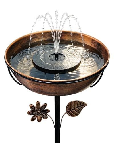 OUISJYER 12" Dia Metal Bird Bath with Solar Fountain & LED Lights – Complete Outdoor Birdbath System with Fountain, 9V/2W Pump & 5 Nozzles | 3" Deep Bowl with Stake, for Backyard, Lawn & Patio - Image 1