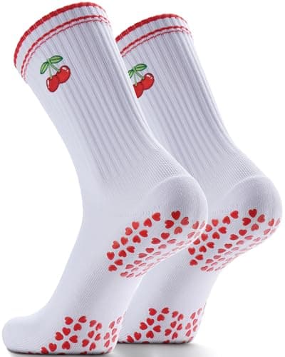 NSRRUN TURTLE Non-Slip Pilates Grip Socks for Women - Embroidery Crew Sock with Sticky Sole, Ideal for Yoga, Workout, & Barre, Large, 2 Pairs -Red Cherry - Image 1