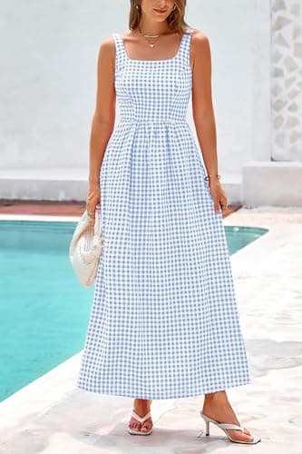 PRETTYGARDEN Women's 2026 Summer Spaghetti Strap Maxi Dresses Plaid Square Neck A Line Casual Beach Vacation Long Sundress (Light Blue,X-Large) - Thumbnail 5